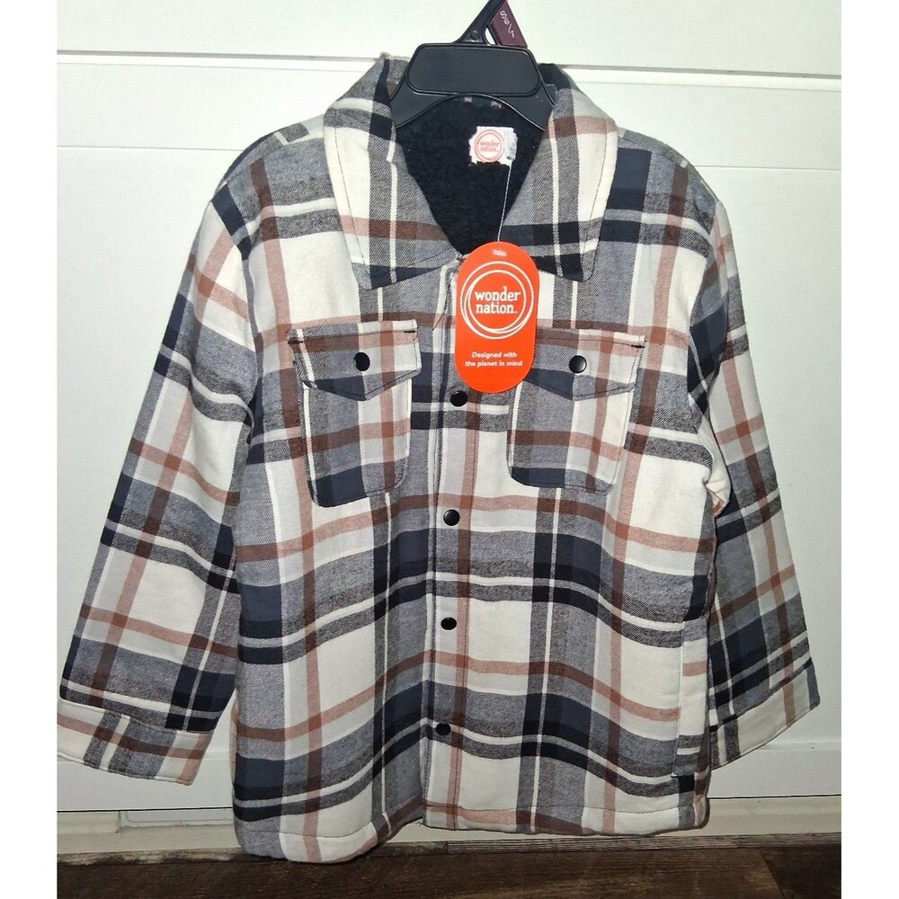 NEW! Wonder Nation Kids Plaid Sherpa Lined Snap Button Jacket, Size S (6/7)